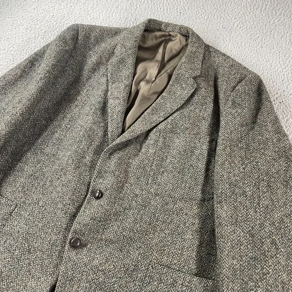 Vintage 70s Harris Tweed Scottish Wool Blazer Jacket Herringbone Leather Buttons